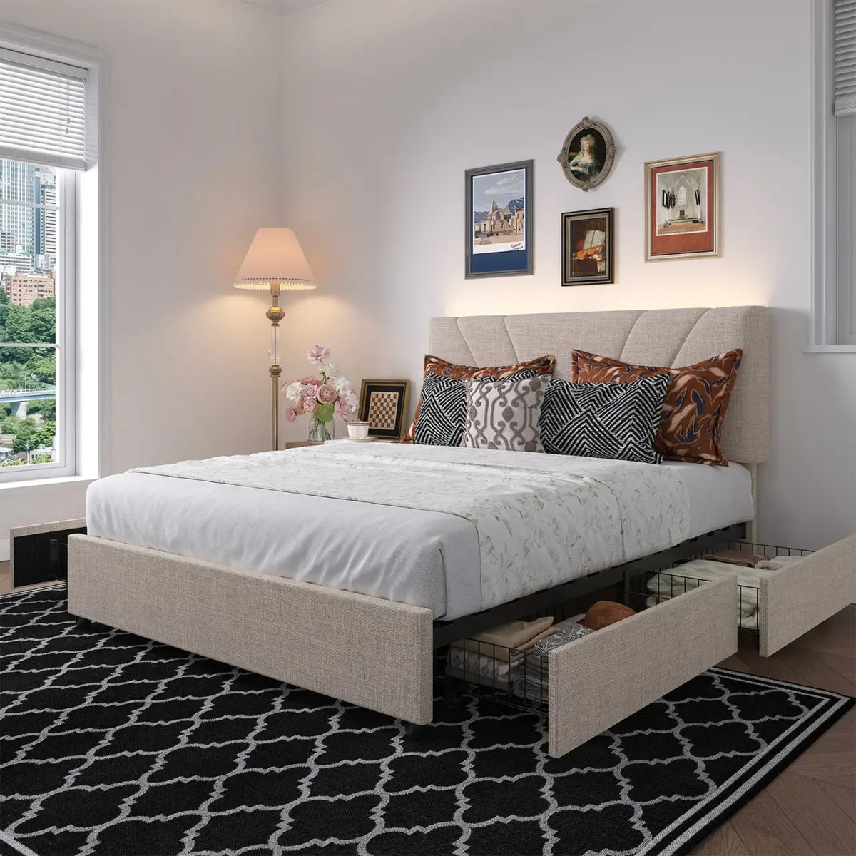 LED Storage Bed Frame with Upholstered Headboard, Built-In Charging and Full, Q — Beige / Full / Beige / Queen / Beige / King