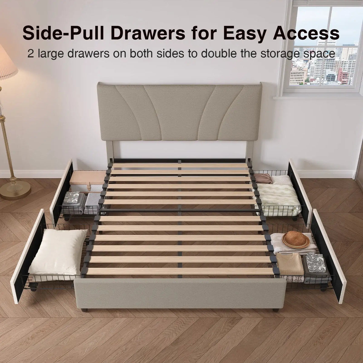 LED Storage Bed Frame with Upholstered Headboard, Built-In Charging and Full, Queen or King Size