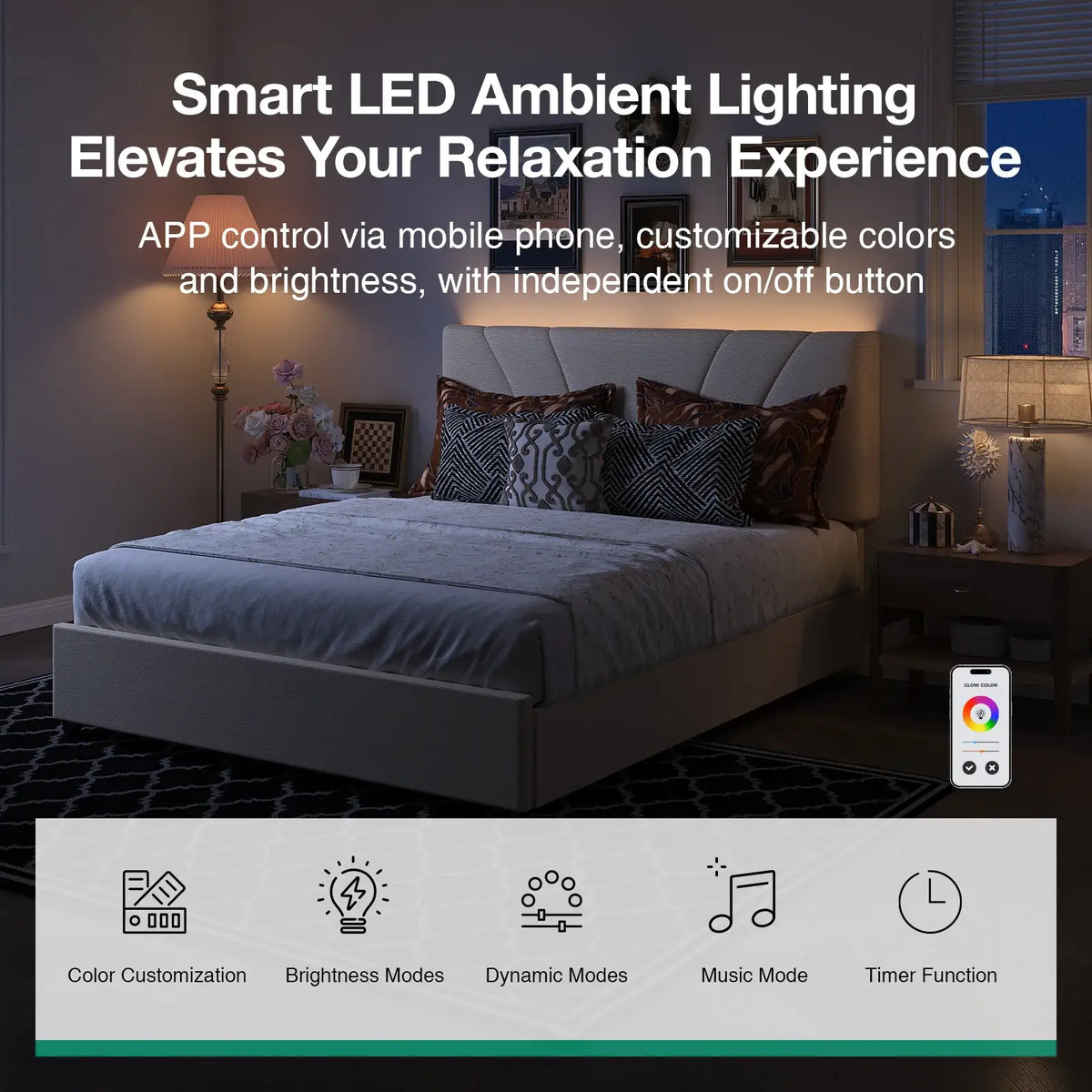 LED Storage Bed Frame with Upholstered Headboard, Built-In Charging and Full, Queen or King Size
