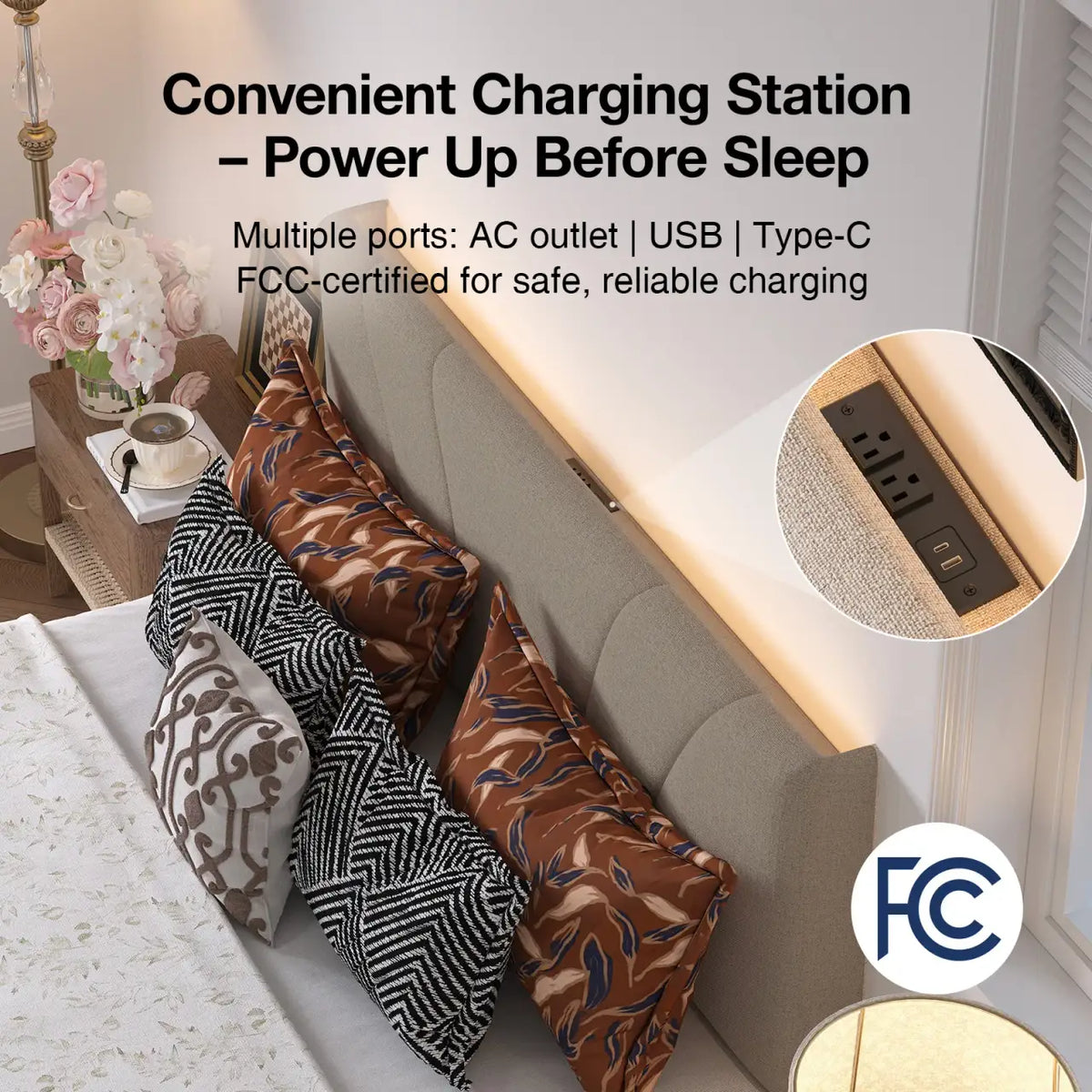 LED Storage Bed Frame with Upholstered Headboard, Built-In Charging and Full, Queen or King Size