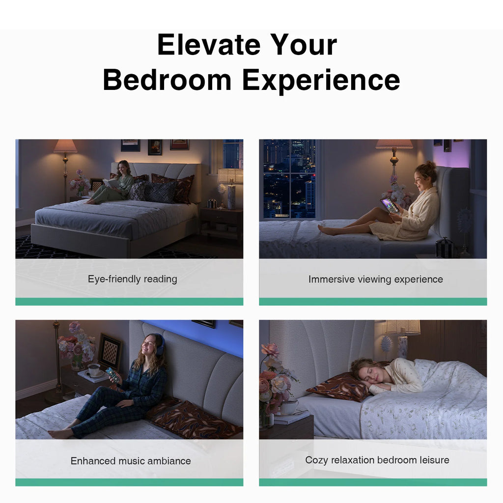 LED Storage Bed Frame with Upholstered Headboard, Built-In Charging and Full, Queen or King Size