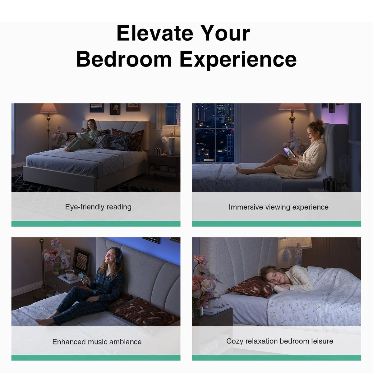 LED Storage Bed Frame with Upholstered Headboard, Built-In Charging and Full, Queen or King Size