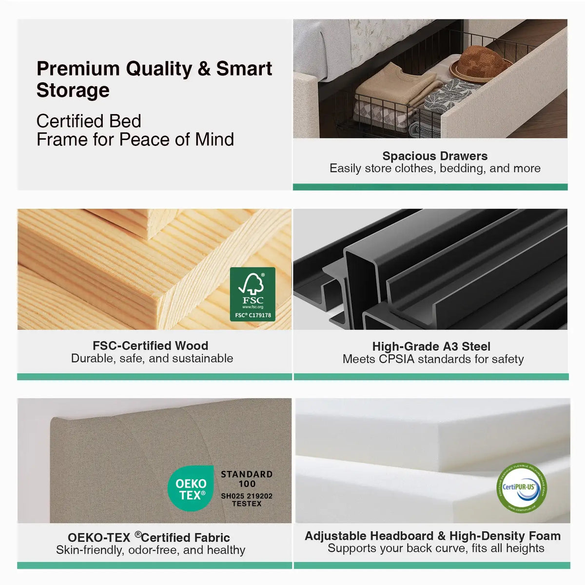 LED Storage Bed Frame with Upholstered Headboard, Built-In Charging and Full, Queen or King Size