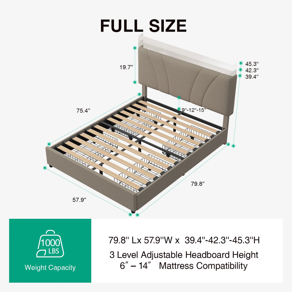 LED Storage Bed Frame with Upholstered Headboard, Built-In Charging and Full, Queen or King Size