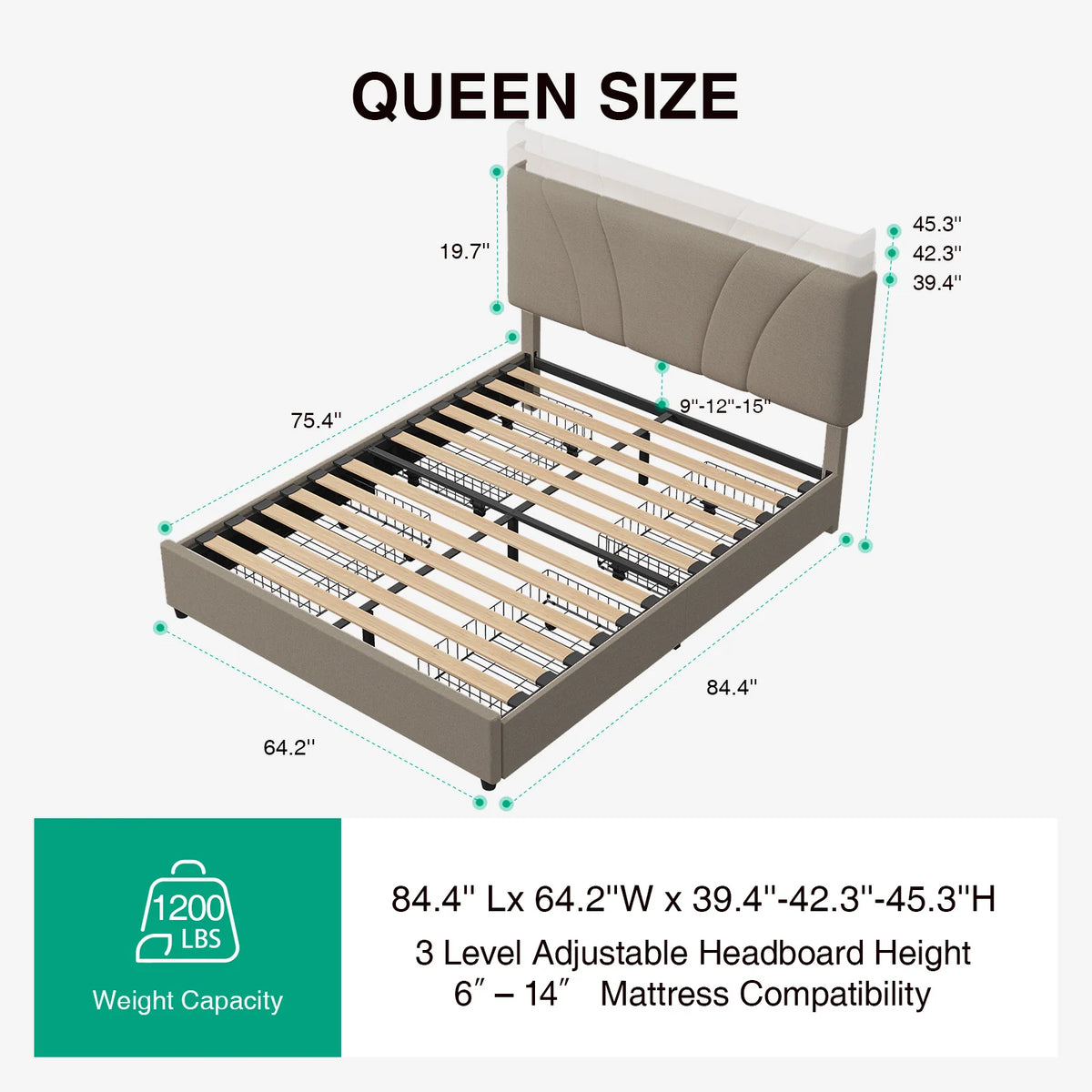 LED Storage Bed Frame with Upholstered Headboard, Built-In Charging and Full, Queen or King Size