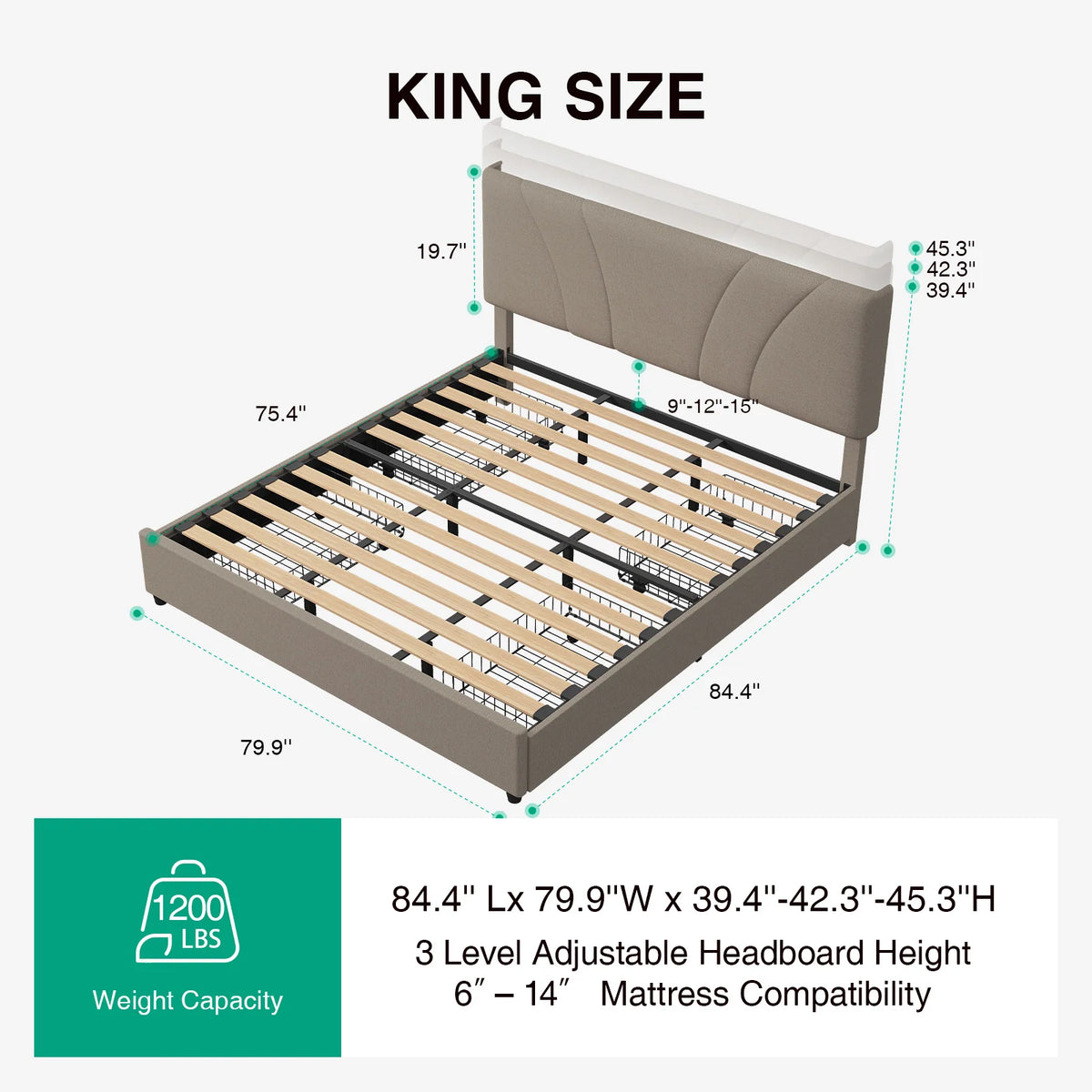 LED Storage Bed Frame with Upholstered Headboard, Built-In Charging and Full, Queen or King Size