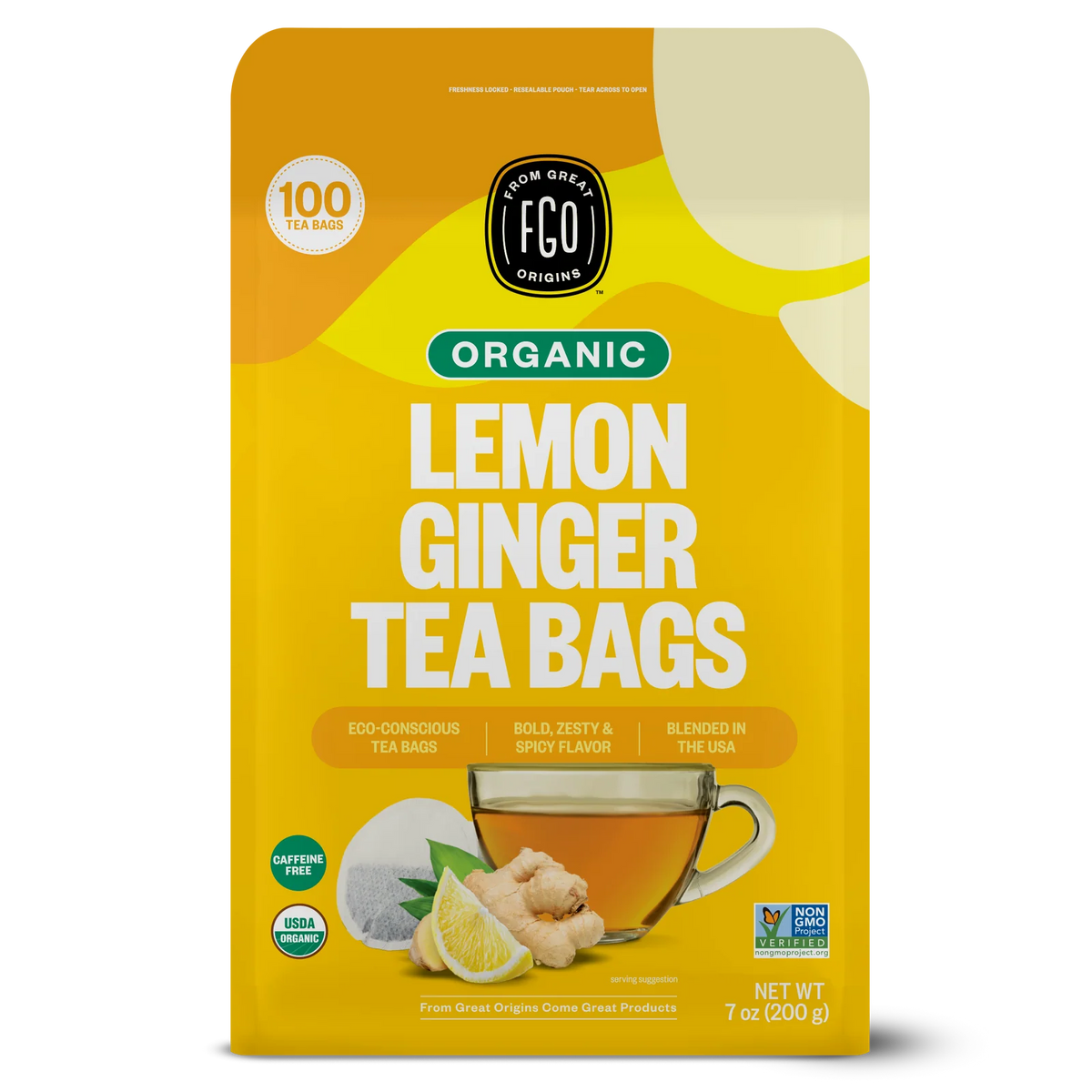Lemon Ginger Herbal Tea Bags, Organic Lemongrass and Ginger Root Blend, Caffeine-Free 100-Count Box — 100 Ct
