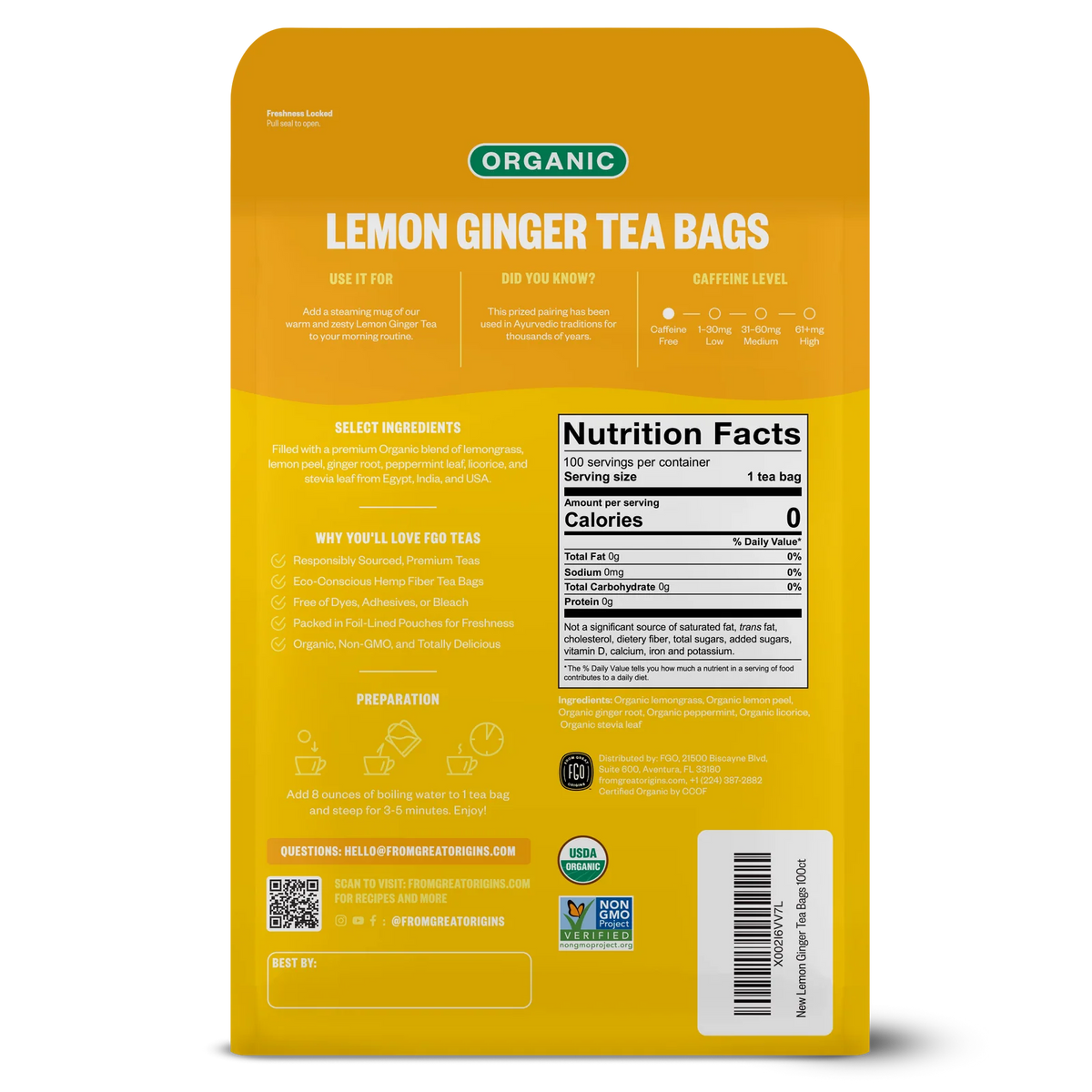 Lemon Ginger Herbal Tea Bags, Organic Lemongrass and Ginger Root Blend, Caffeine-Free 100-Count Box