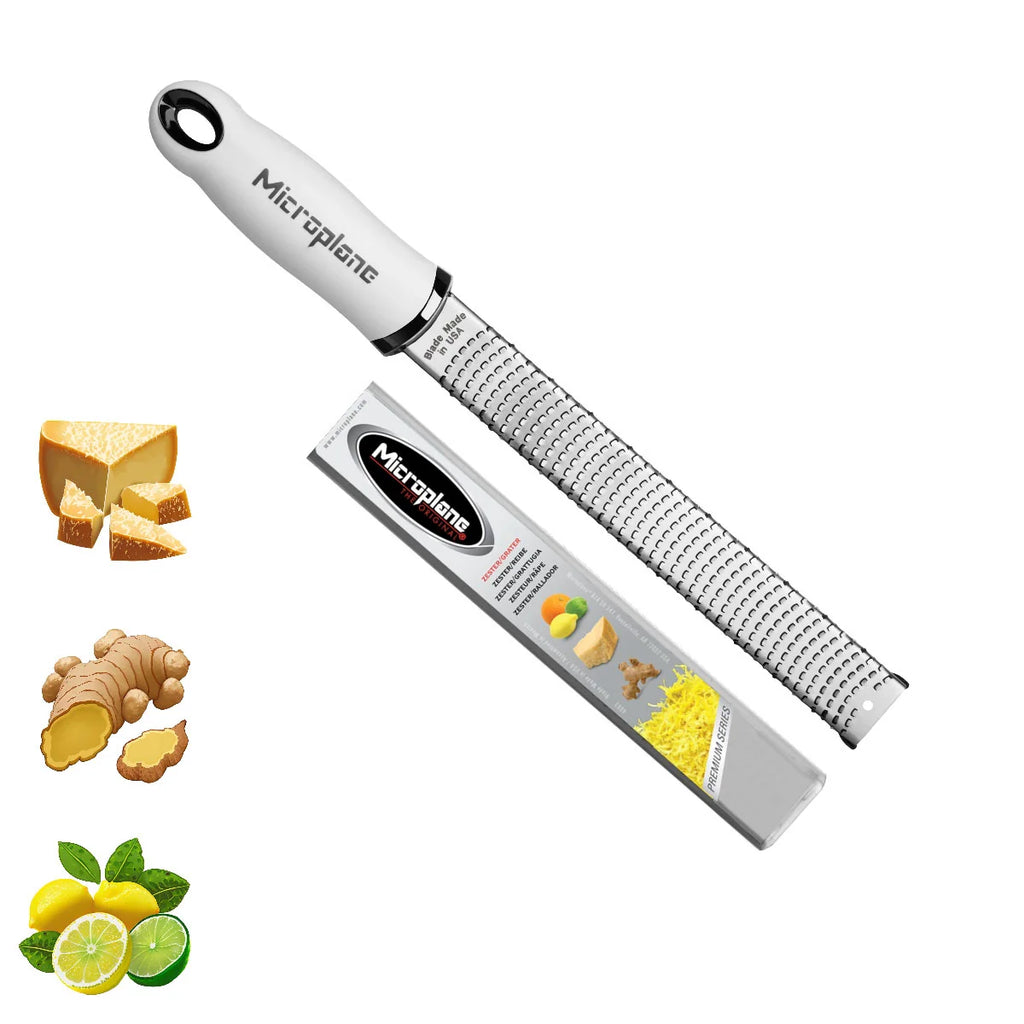 Lemon Zester and Cheese Grater with a Soft-Touch Handle for Fine Citrus Zest and Hard Cheese Toppings — White