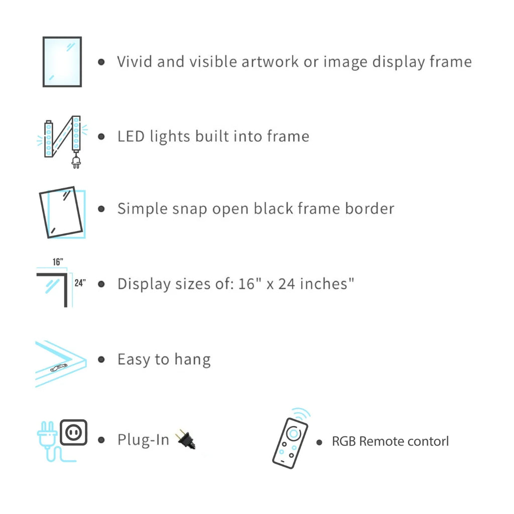 Lightbox Picture Frame for 16 x 24 Inch Artwork with Built-In LED Lighting and a Black Snap-Open Border