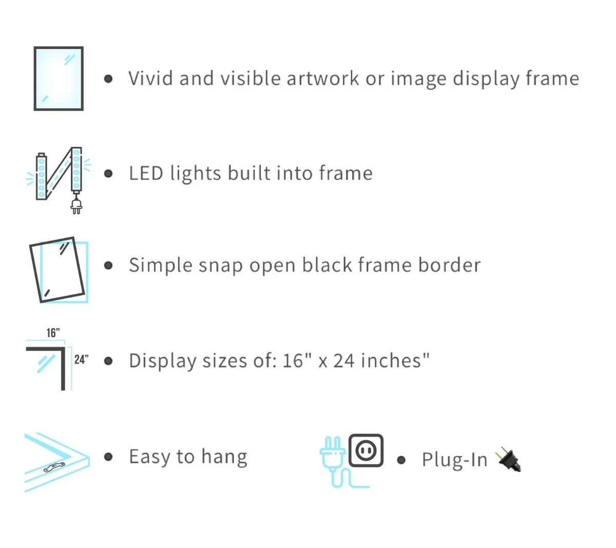 Lightbox Picture Frame for 16 x 24 Inch Artwork with Built-In LED Lighting and a Black Snap-Open Border