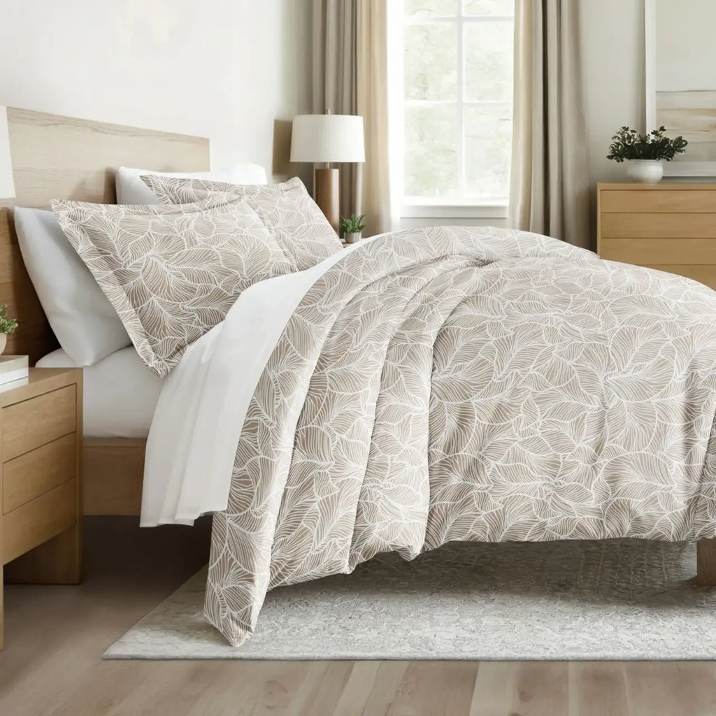 Linear Leaves Duvet Cover Set in Taupe