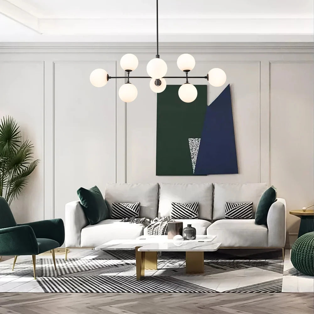 Linear Sputnik Chandelier with Eight Frosted Glass Globes in a Mid-Century Design for Dining Rooms