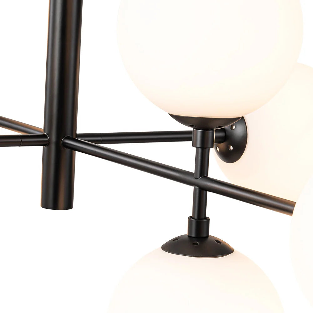 Linear Sputnik Chandelier with Eight Frosted Glass Globes in a Mid-Century Design for Dining Rooms