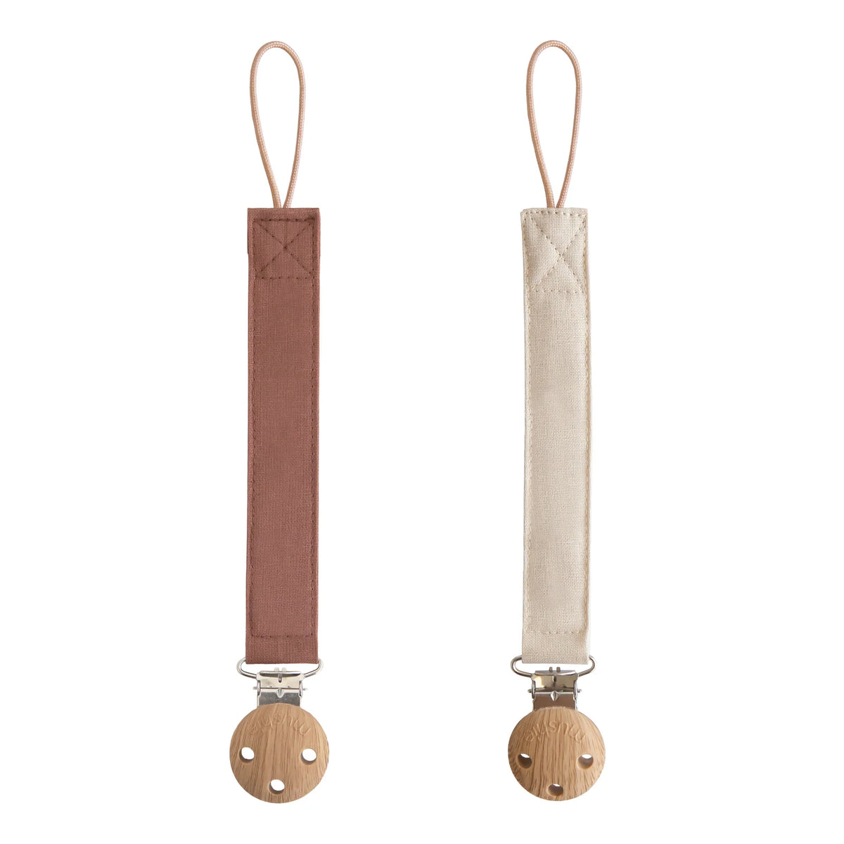 Linen Pacifier Clips in a 2-Pack for Everyday Outings, Featuring Soft Fabric and a Loop Attachment — Walnut/Shifting Sand