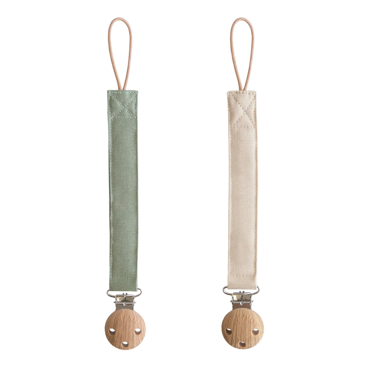 Linen Pacifier Clips in a 2-Pack for Everyday Outings, Featuring Soft Fabric and a Loop Attachment — Olive/Shifting Sand