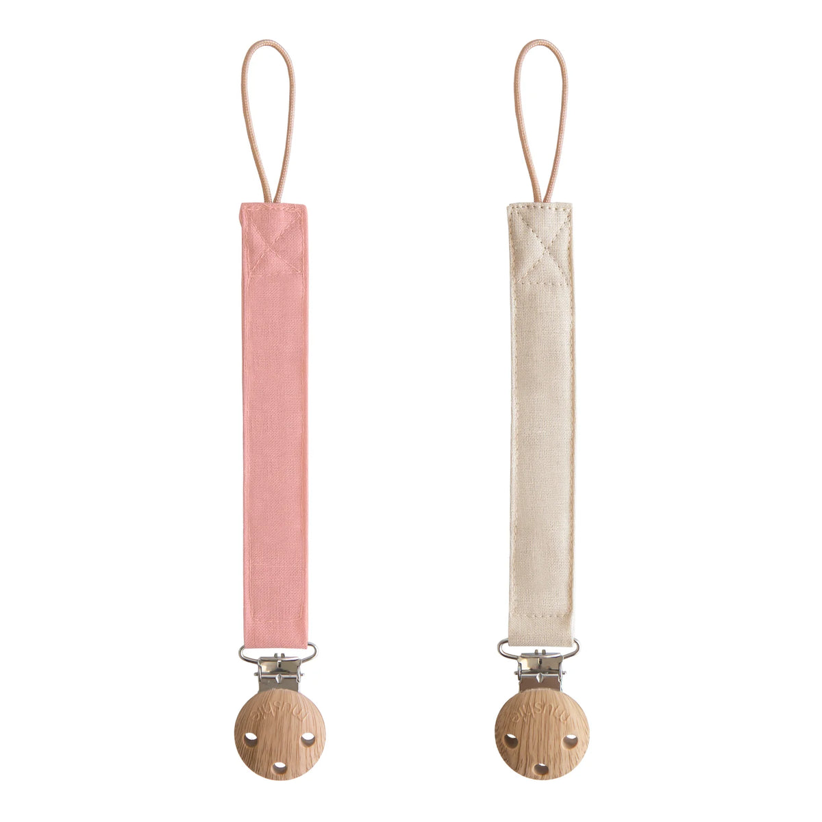 Linen Pacifier Clips in a 2-Pack for Everyday Outings, Featuring Soft Fabric and a Loop Attachment — Dusty Rose/Shifting Sand