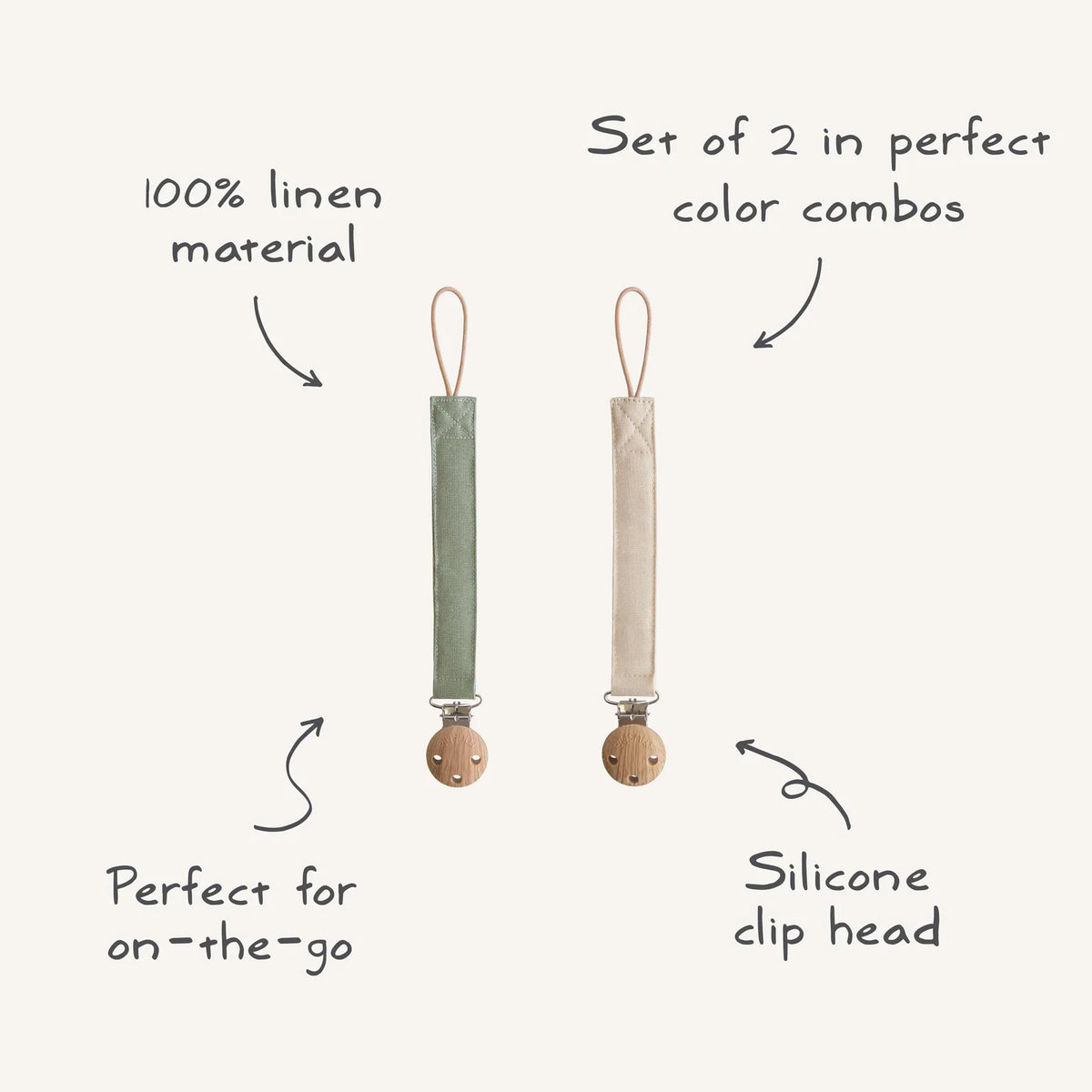 Linen Pacifier Clips in a 2-Pack for Everyday Outings, Featuring Soft Fabric and a Loop Attachment