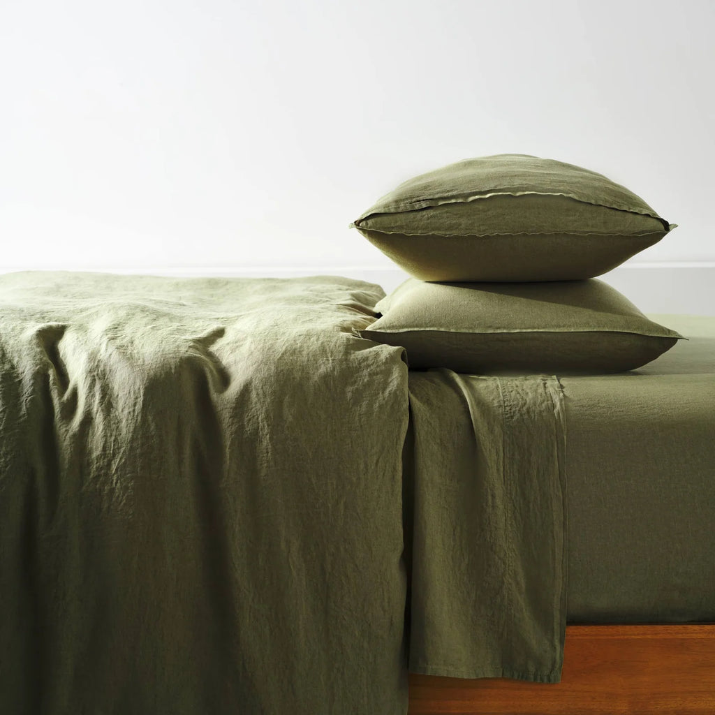 Linen Sheet Set in Dried Grass with 100% European Flax, Garment-Washed Softness, and Full to Cali King Sizes