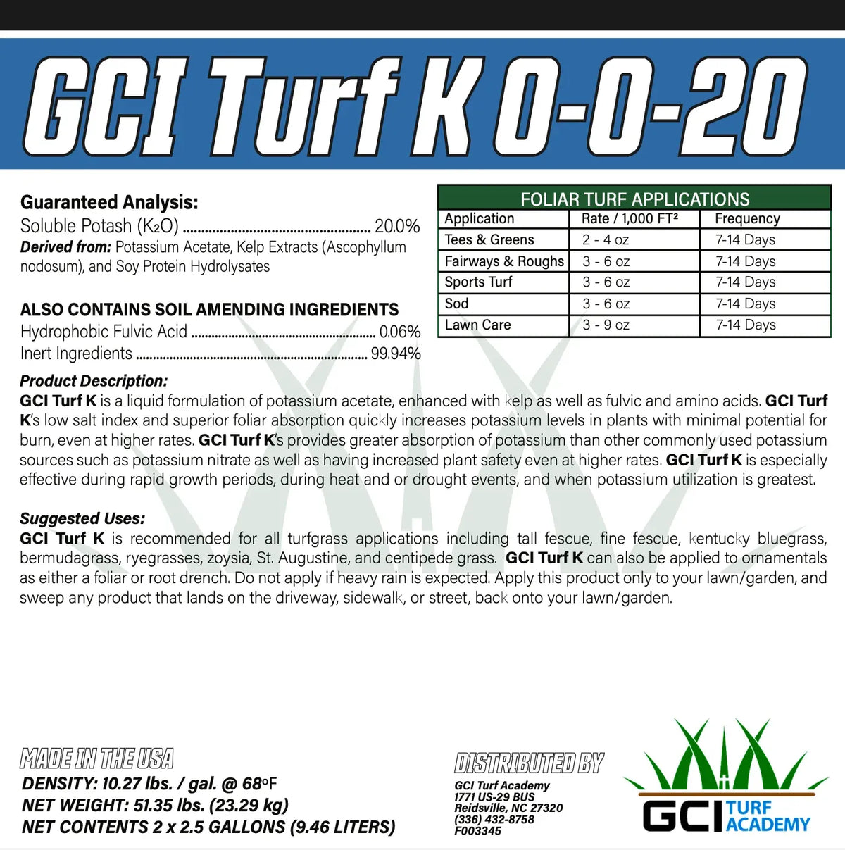 Liquid Potassium Fertilizer 0-0-20 for Turf Care, Enhanced with Kelp and Amino Acids for Foliar Application