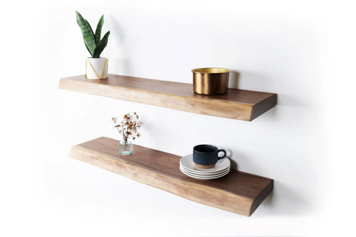 Live Edge Walnut Floating Shelf with Handmade Character, Pre-Drilled Mounting and 20–72 Inch Length