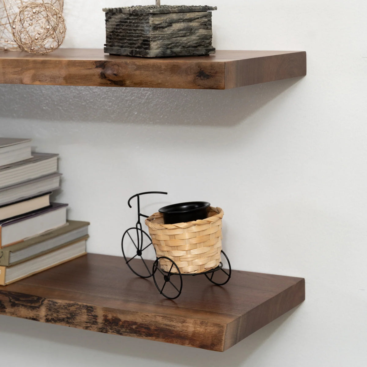 Live Edge Walnut Hardwood Floating Shelves, 1.75-Inch Solid Wood Wall Display Shelves in Custom Widths and Depths