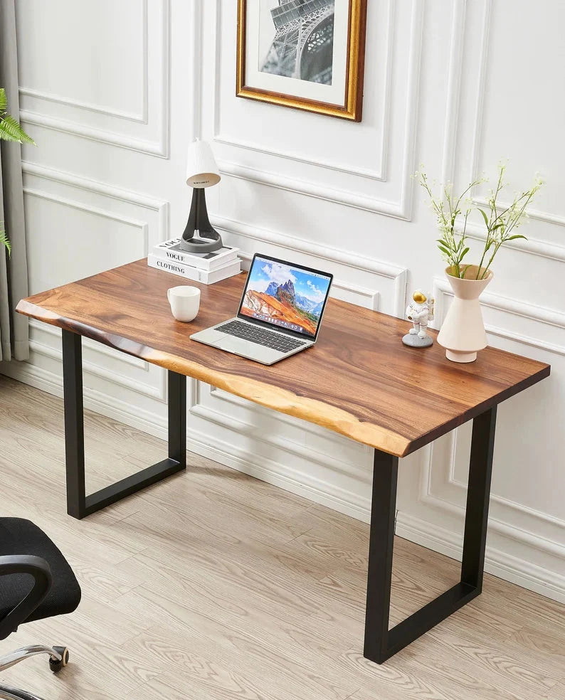 Live Edge Writing Desk with a Solid Walnut Top and Industrial U-Shaped Steel Legs for Everyday Work