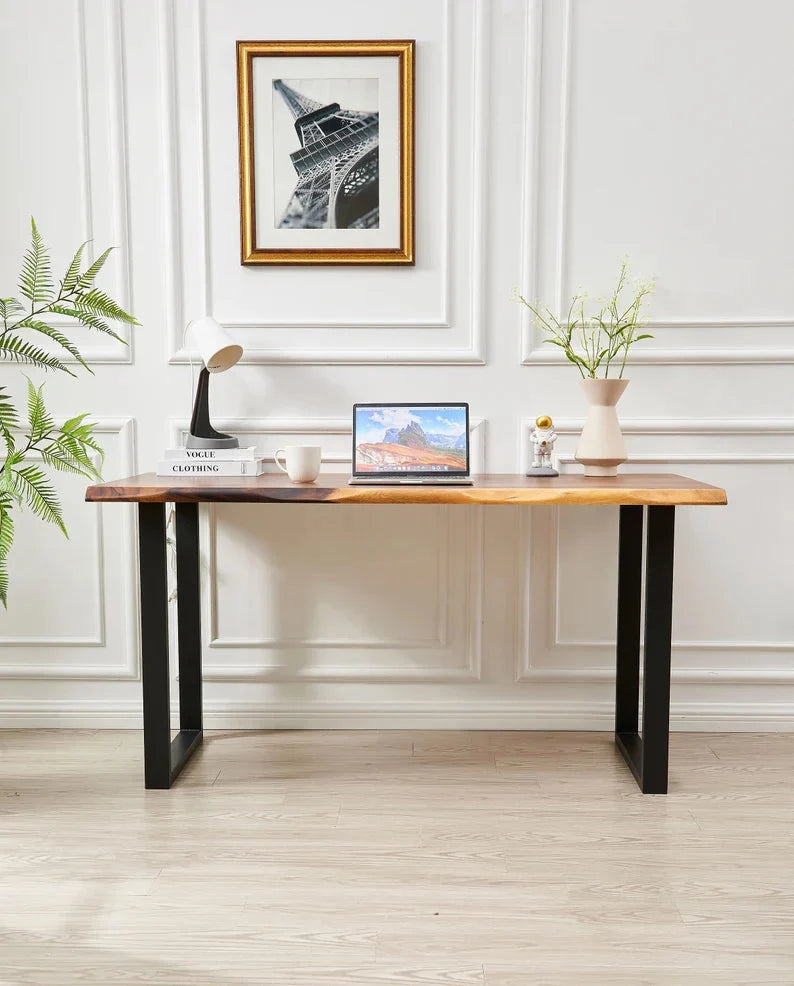 Live Edge Writing Desk with a Solid Walnut Top and Industrial U-Shaped Steel Legs for Everyday Work