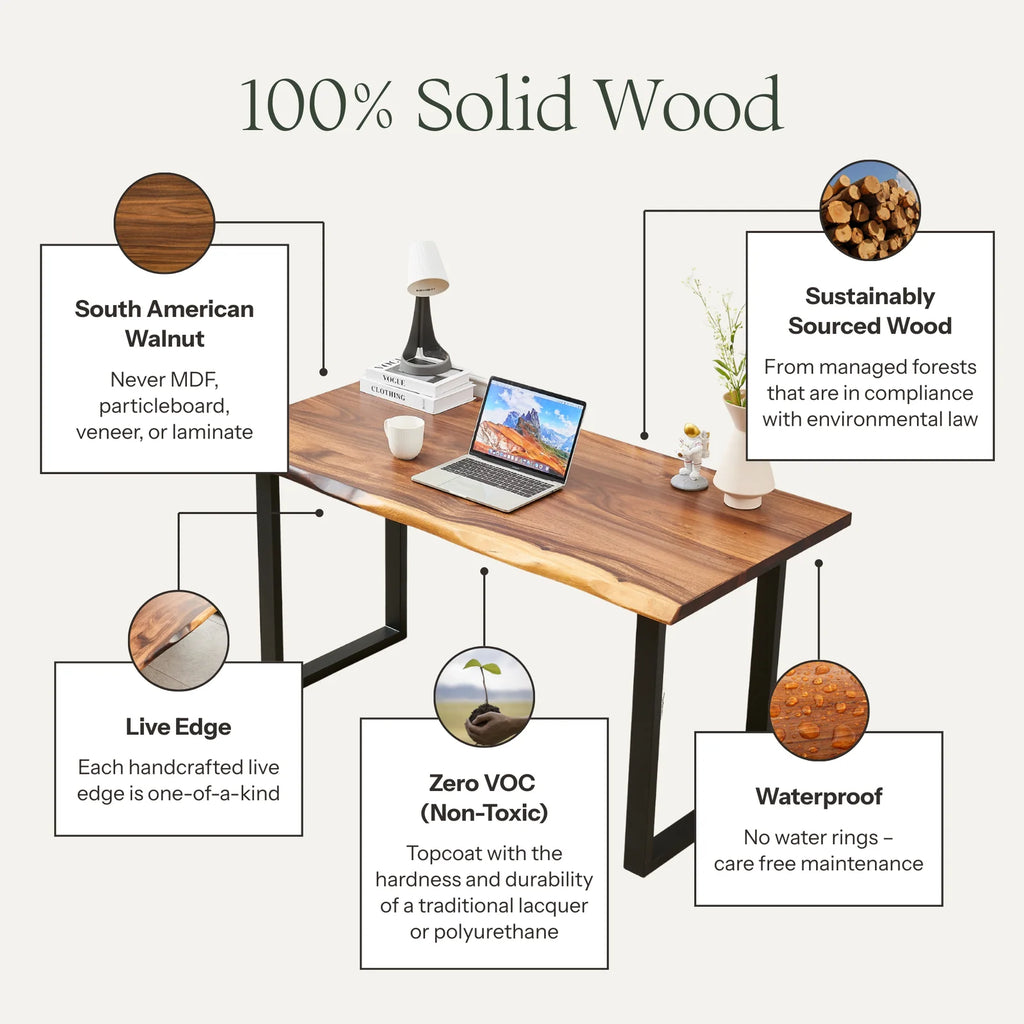 Live Edge Writing Desk with a Solid Walnut Top and Industrial U-Shaped Steel Legs for Everyday Work