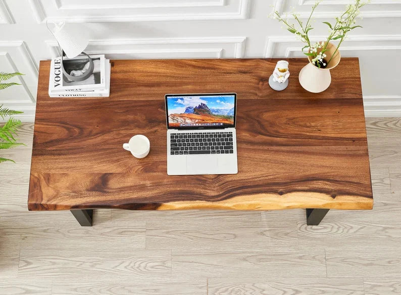 Live Edge Writing Desk with a Solid Walnut Top and Industrial U-Shaped Steel Legs for Everyday Work