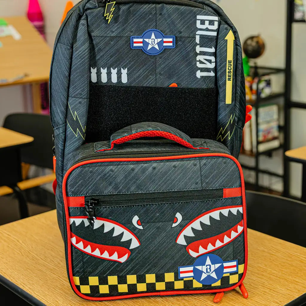 Lunch Box with All-Over Shark-Mouth Jet Print and Wipe-Clean 600D Polyester for School and Practice