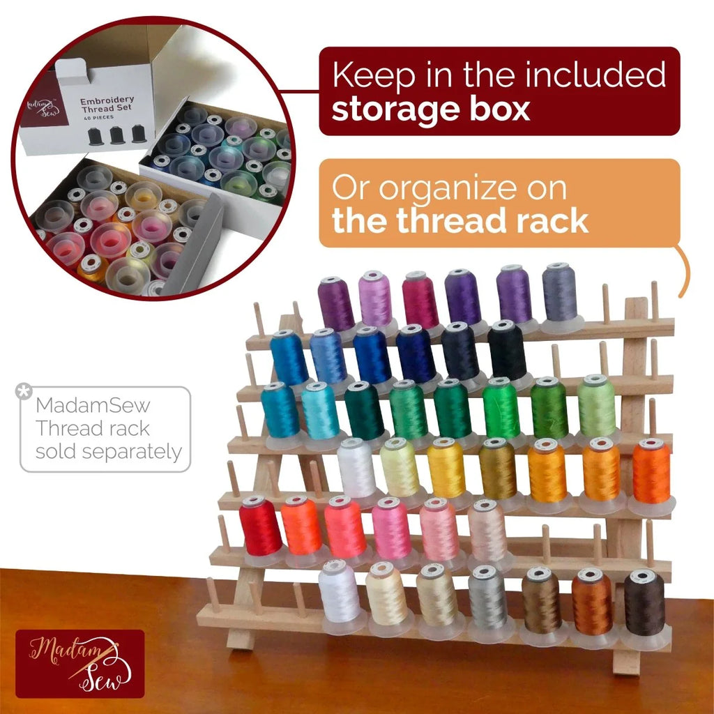 Machine Embroidery Thread Set in 40 Vibrant Colors, 500 Yards per