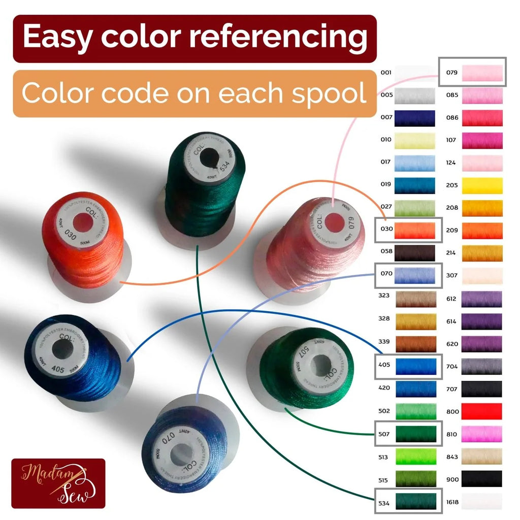 Machine Embroidery Thread Set in 40 Vibrant Colors, 500 Yards per