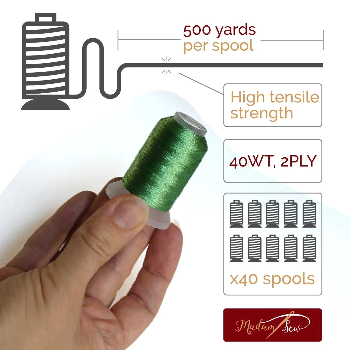 Machine Embroidery Thread Set in 40 Vibrant Colors, 500 Yards per