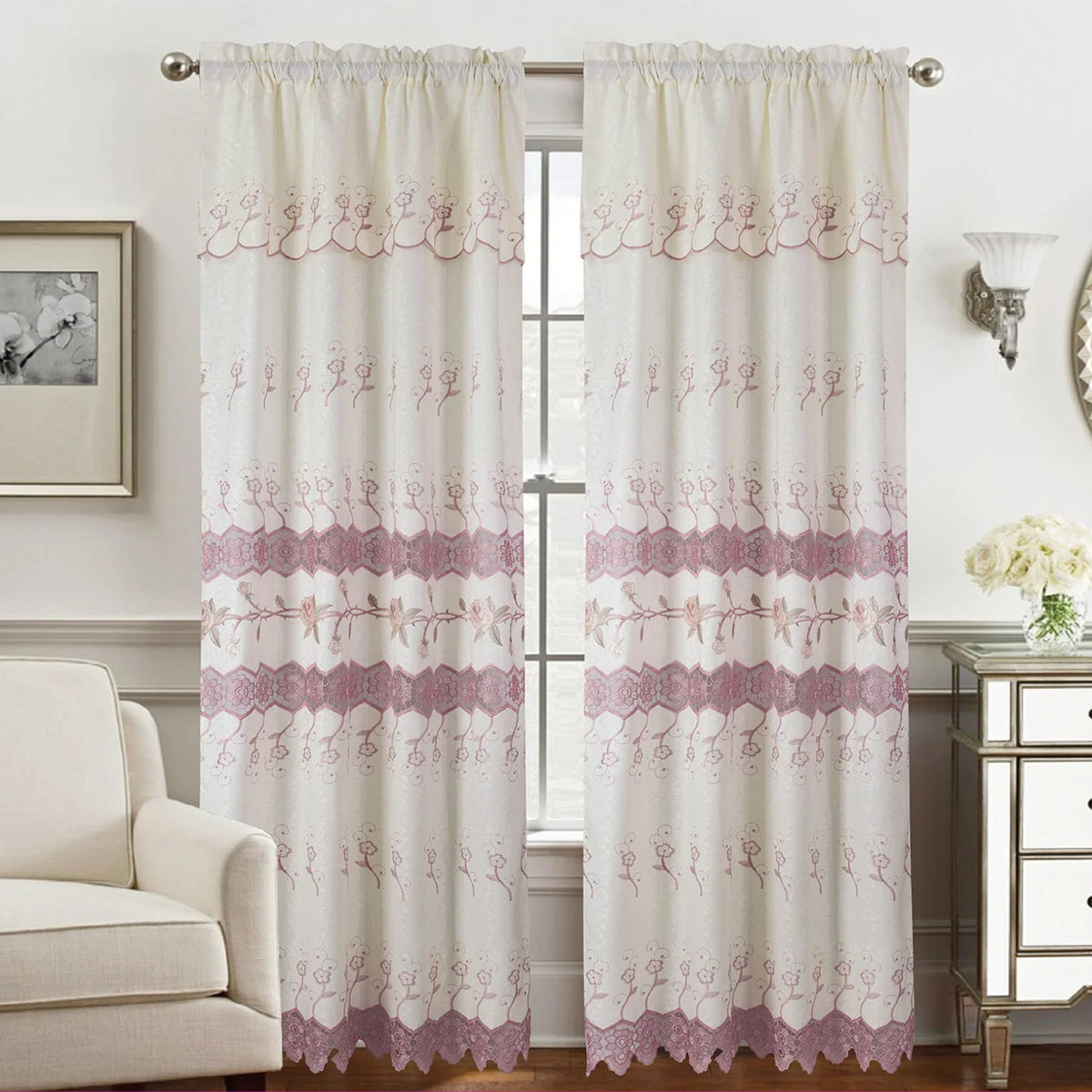 Macrame Jacquard Window Curtain Panel, Beige-Blush