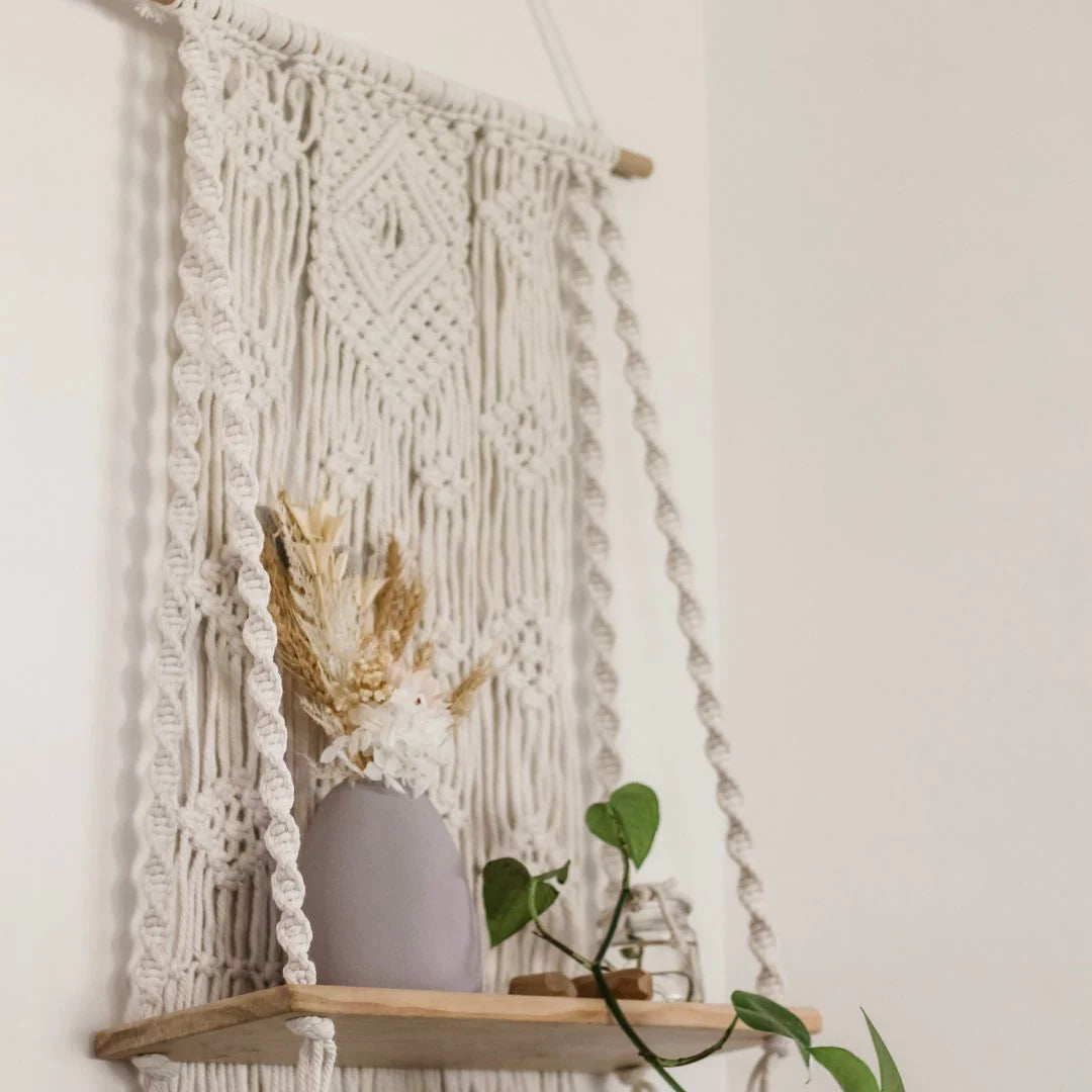 Macrame Wall Shelf for Boho Home Decor, 70 cm Display Ledge for Books, Plants and Candles · Macrame Shelf