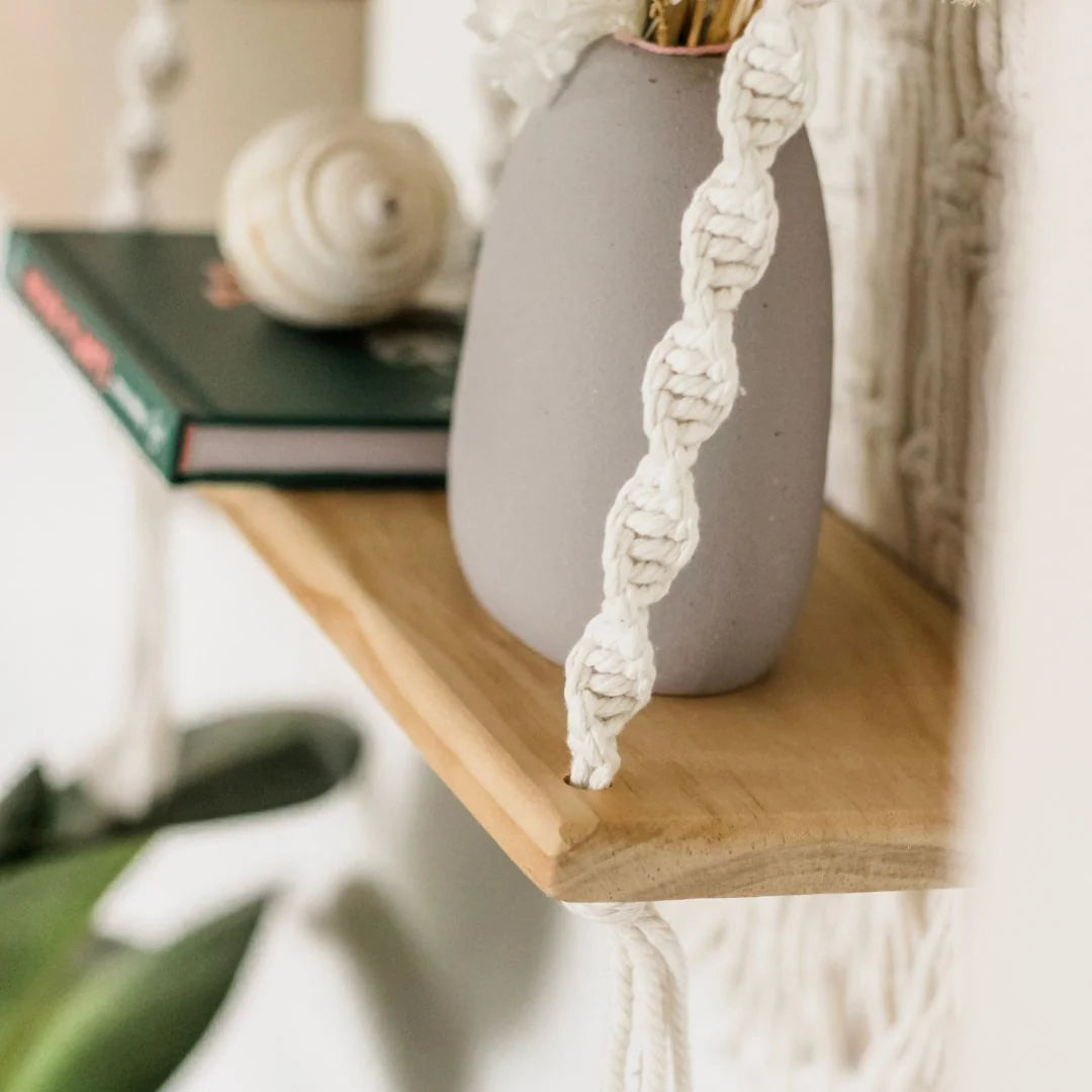 Macrame Wall Shelf for Boho Home Decor, 70 cm Display Ledge for Books, Plants and Candles · Macrame Shelf