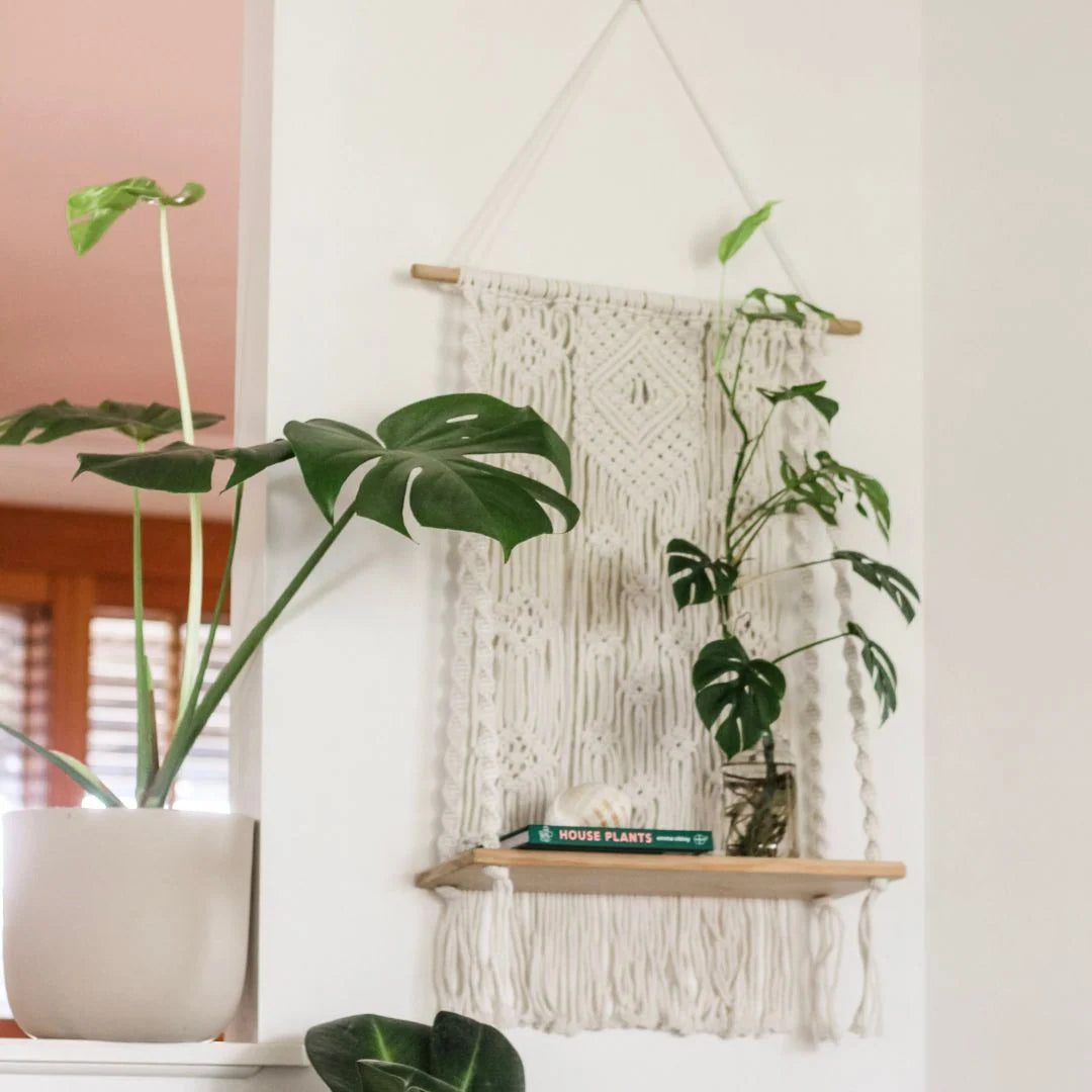 Macrame Wall Shelf for Boho Home Decor, 70 cm Display Ledge for Books, Plants and Candles · Macrame Shelf