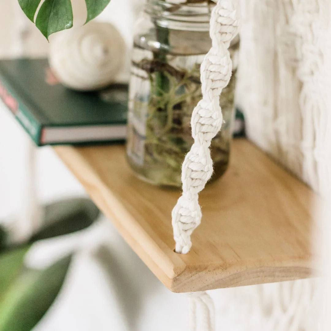Macrame Wall Shelf for Boho Home Decor, 70 cm Display Ledge for Books, Plants and Candles · Macrame Shelf