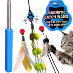 Magnetic Cat Wand for Pounce-and-Catch Play with Three Interchangeable Toy Attachments and a Storage Box — Compact