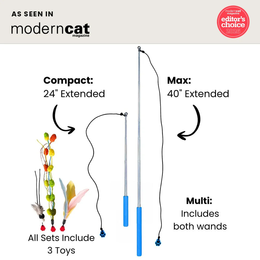 Magnetic Cat Wand for Pounce-and-Catch Play with Three Interchangeable Toy Attachments and a Storage Box