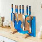 Magnetic Knife Block with Blue Resin Burl Wood Design, Dual-Sided Storage for Up to 16 Kitchen Knives