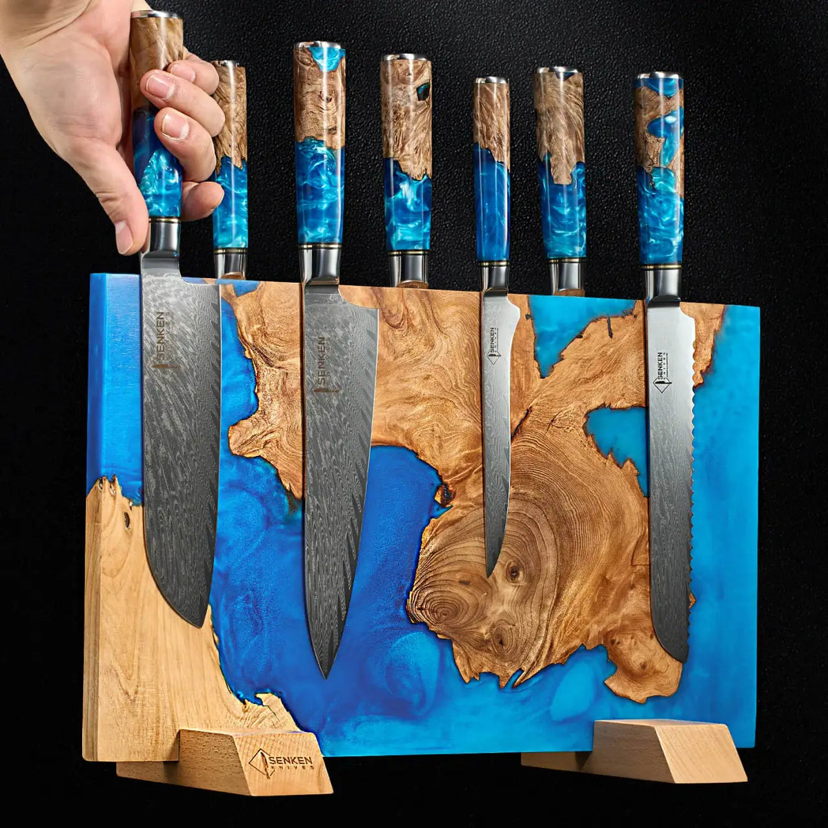 Magnetic Knife Block with Blue Resin Burl Wood Design, Dual-Sided Storage for Up to 16 Kitchen Knives