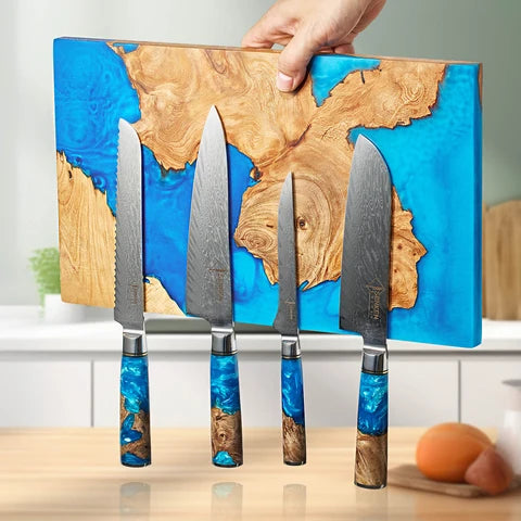 Magnetic Knife Block with Blue Resin Burl Wood Design, Dual-Sided Storage for Up to 16 Kitchen Knives