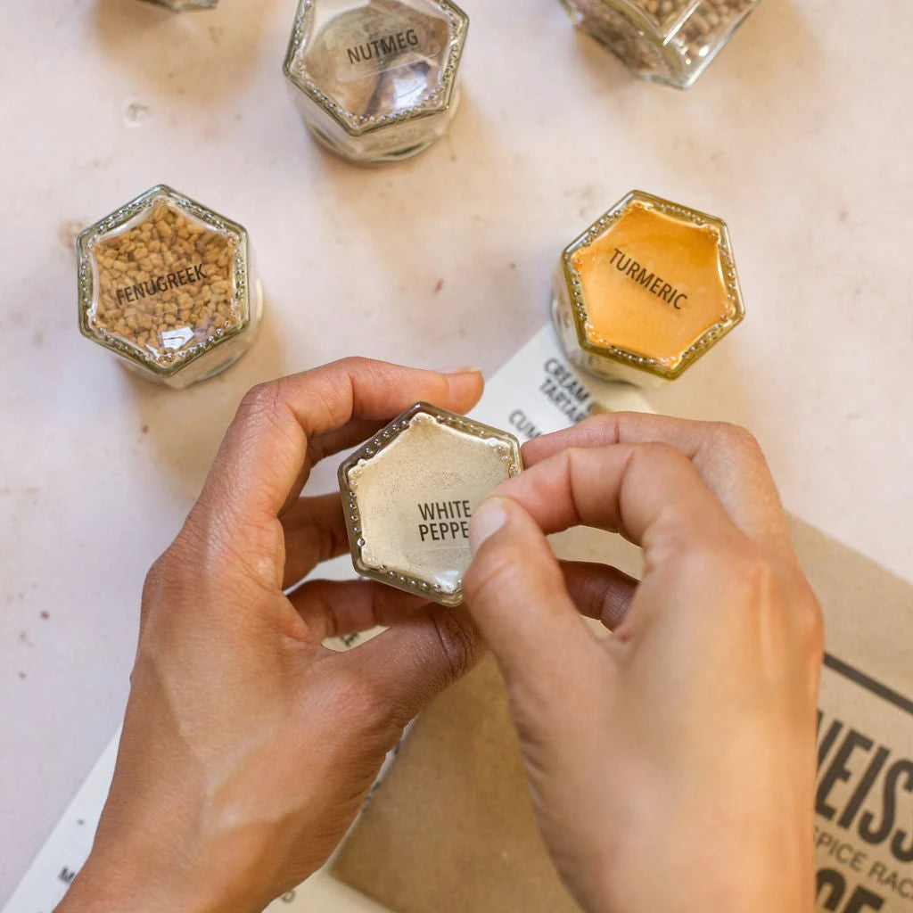 Magnetic Spice Jar Set with Hexagon Glass Containers, Small and Large Sizes, Optional Wall Plate for Kitchen Storage