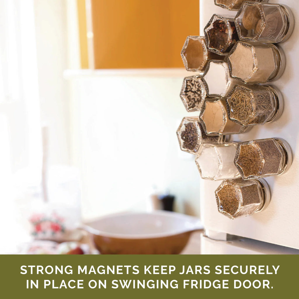 Magnetic Spice Jar Set with Hexagon Glass Containers, Small and Large Sizes, Optional Wall Plate for Kitchen Storage