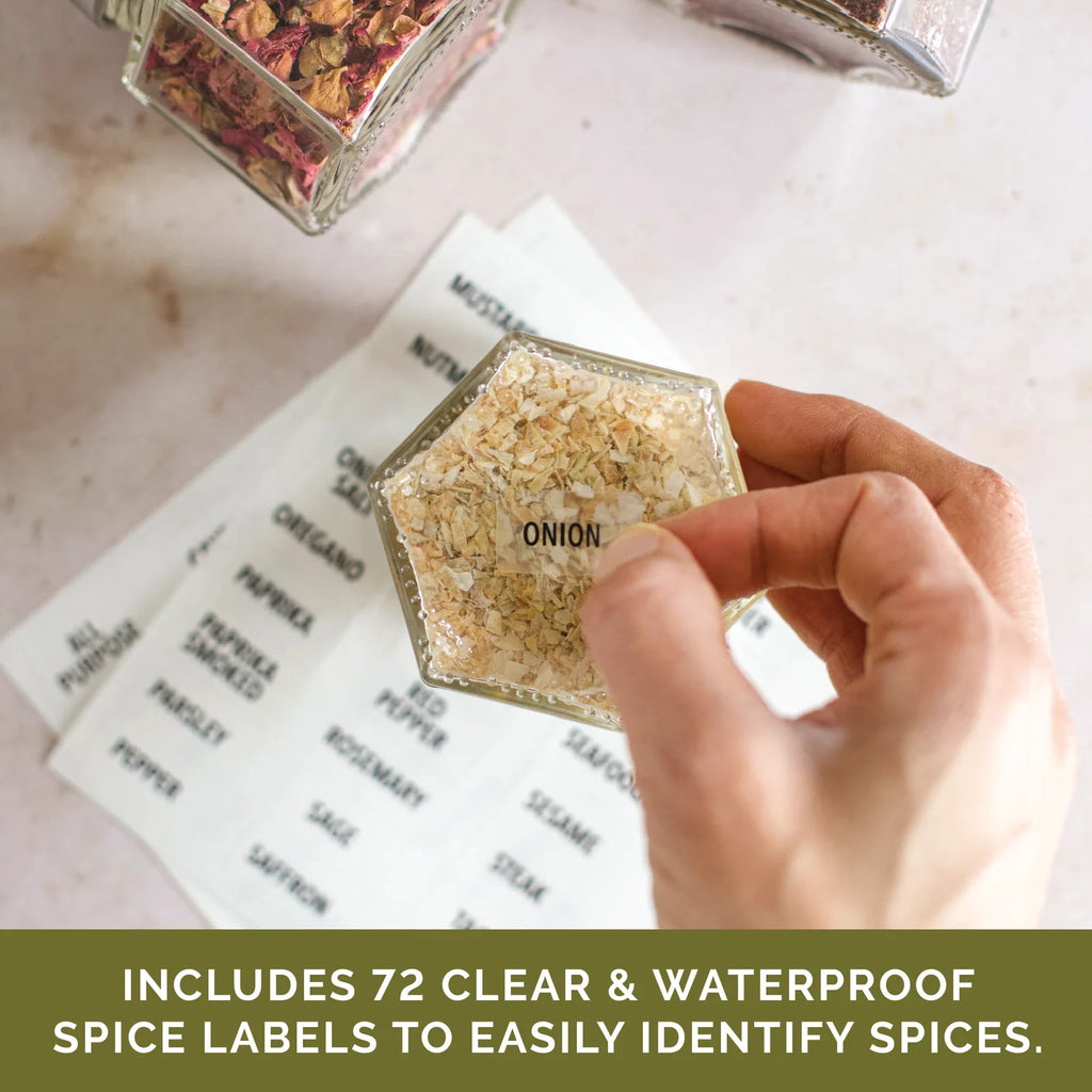 Magnetic Spice Jar Set with Hexagon Glass Containers, Small and Large Sizes, Optional Wall Plate for Kitchen Storage