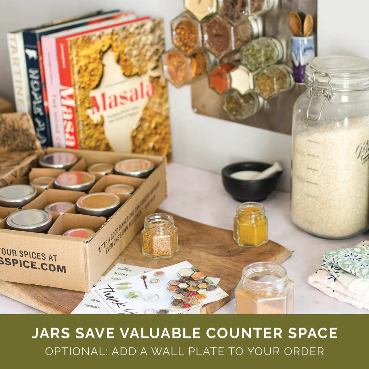 Magnetic Spice Jar Set with Hexagon Glass Containers, Small and Large Sizes, Optional Wall Plate for Kitchen Storage