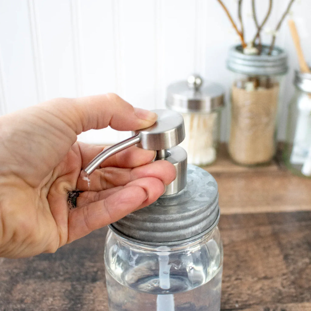 Mason Jar Soap Dispenser Pump with a Satin Finish and Threaded Lid for Regular or Wide Mouth Jars