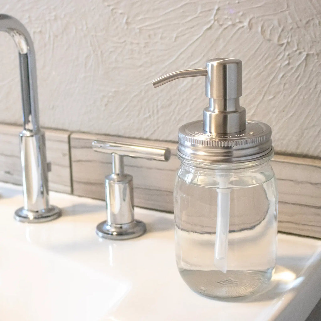 Mason Jar Soap Dispenser Pump with a Satin Finish and Threaded Lid for Regular or Wide Mouth Jars